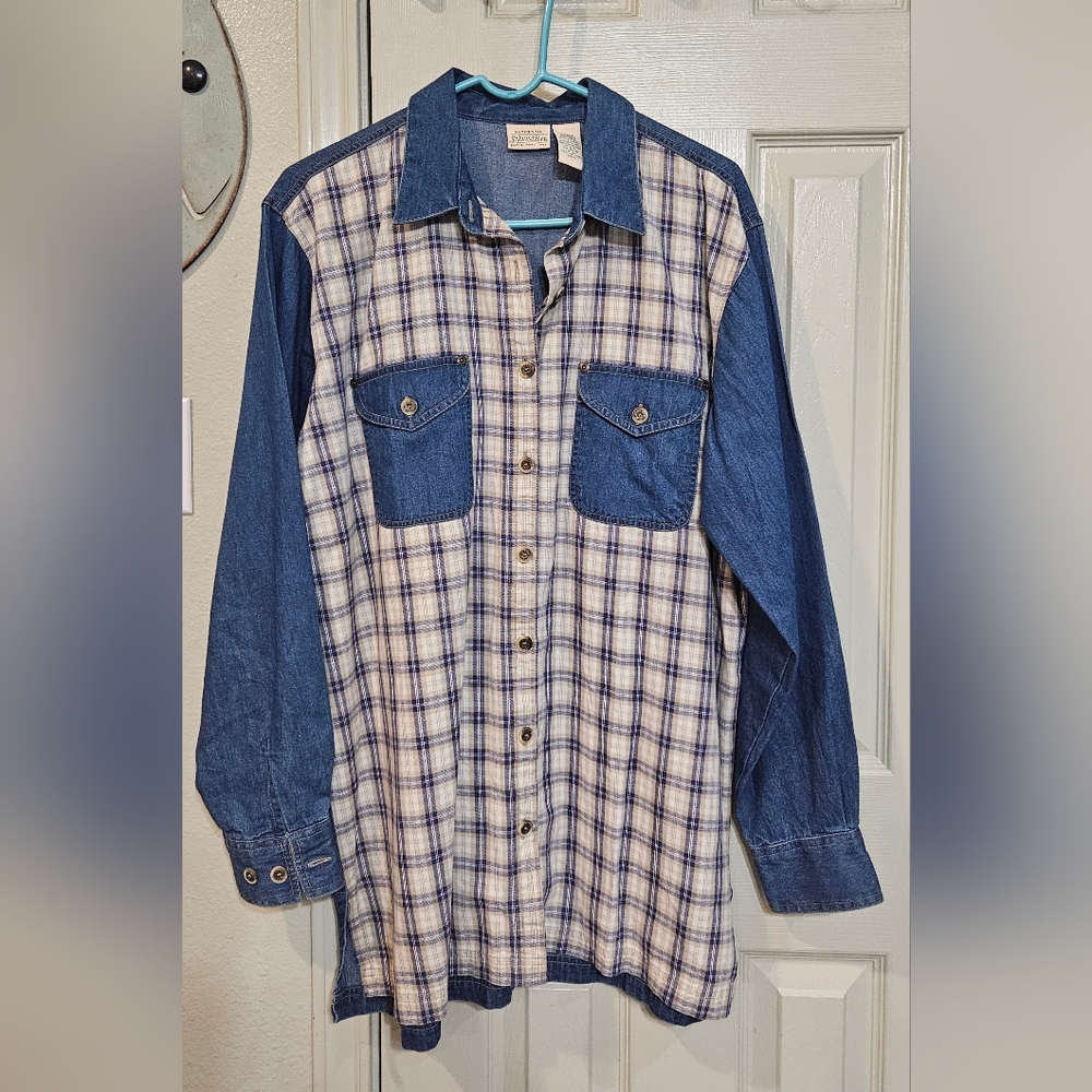 Plaid and Denim Button-Up Shirt